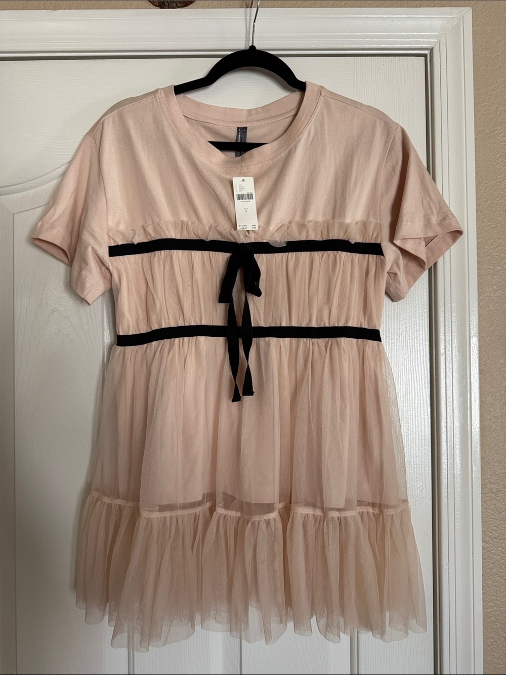 Pink Tulle Babydoll Top with Black Trim